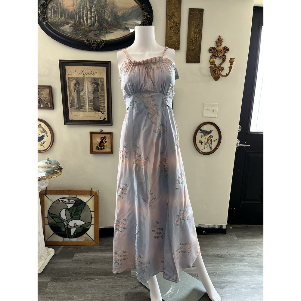 Antique Vintage Ombre Pastel Embroidered Floral Slip Dress Gown Maxi Size S